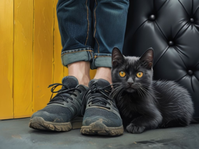 帰宅した飼い主の足にスリスリするネコ