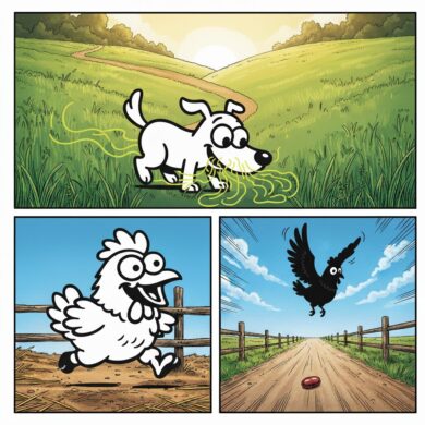 地面の匂いを嗅ぐ犬と周囲を見渡す鶏——それぞれの感覚特化を表すイラスト
