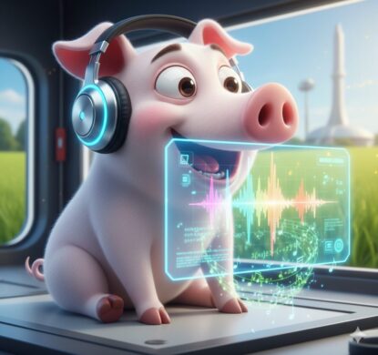 ヘッドフォンをつけた豚がAIで鳴き声を解析するイメージ